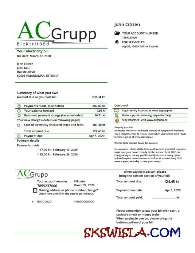 Estonia AC Grupp OÜ szablon rachunku za energię elektryczną w formacie Word i PDF